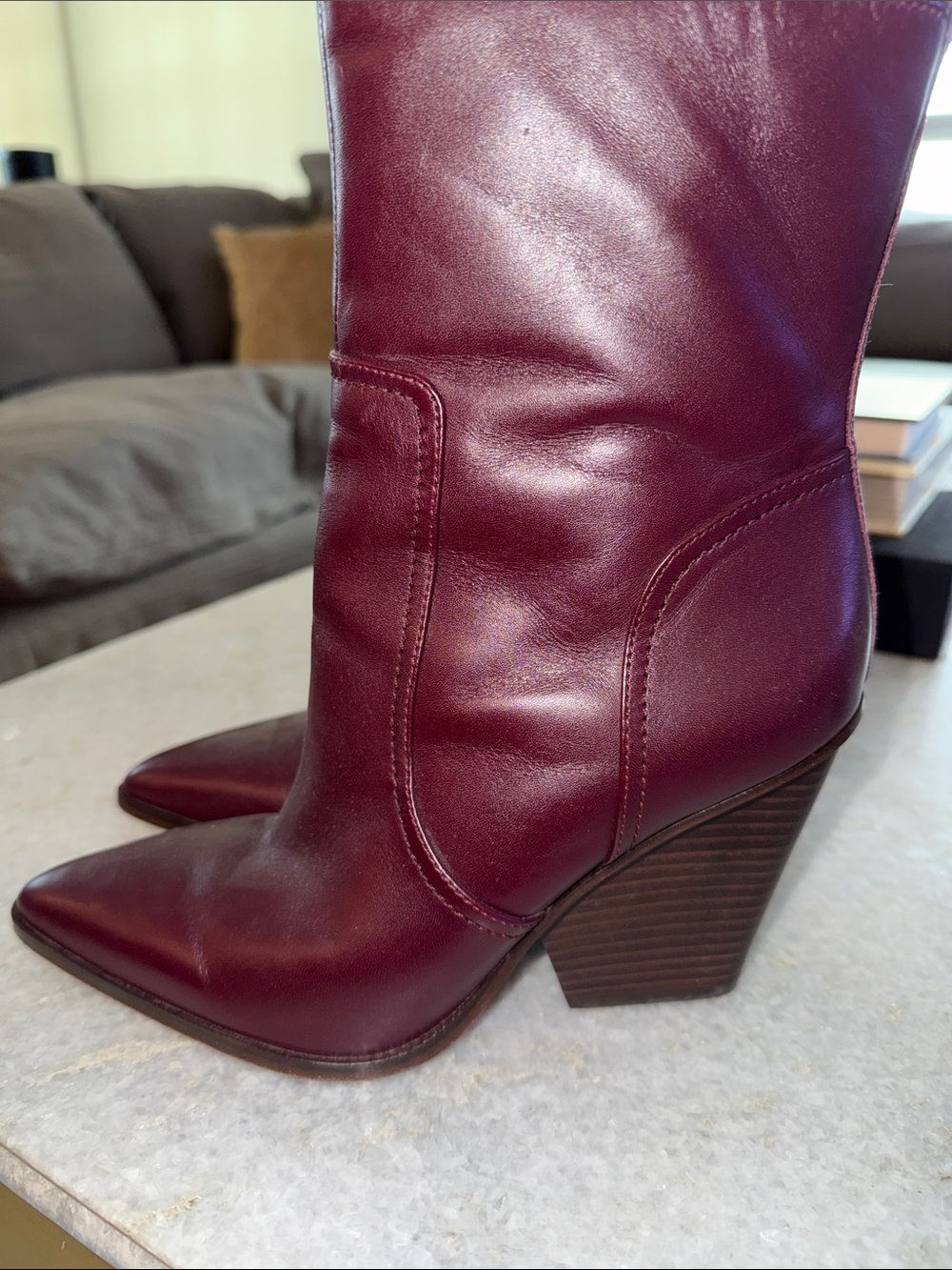 Veronica Beard Burgundy Pointed-Toe Leather Mid-Calf Boots - Picture 4 of 9